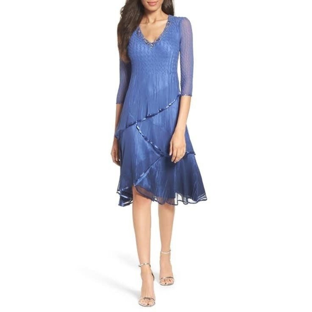 Komarov Women’s Layered Crinkled Satin Chiffon Midi Dress size M Embellished